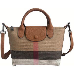 Designer Women's Structured Plaid Handbag: Leather Trim & Adjustable Strap